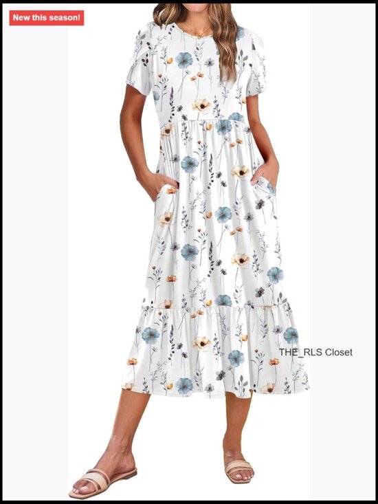 Dresses & Skirts - Summer Midi A Line Dress Short Sleeve Casual Flowy Tiered Beach Sundress with